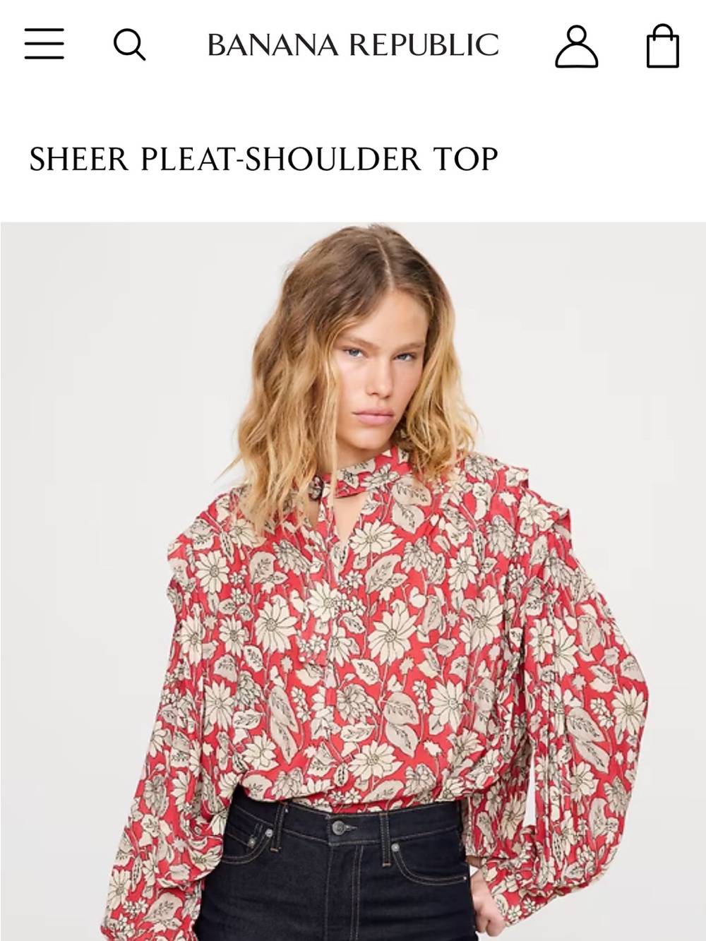 Banana Republic Red and White Floral Pleated-Shoulder Blouse